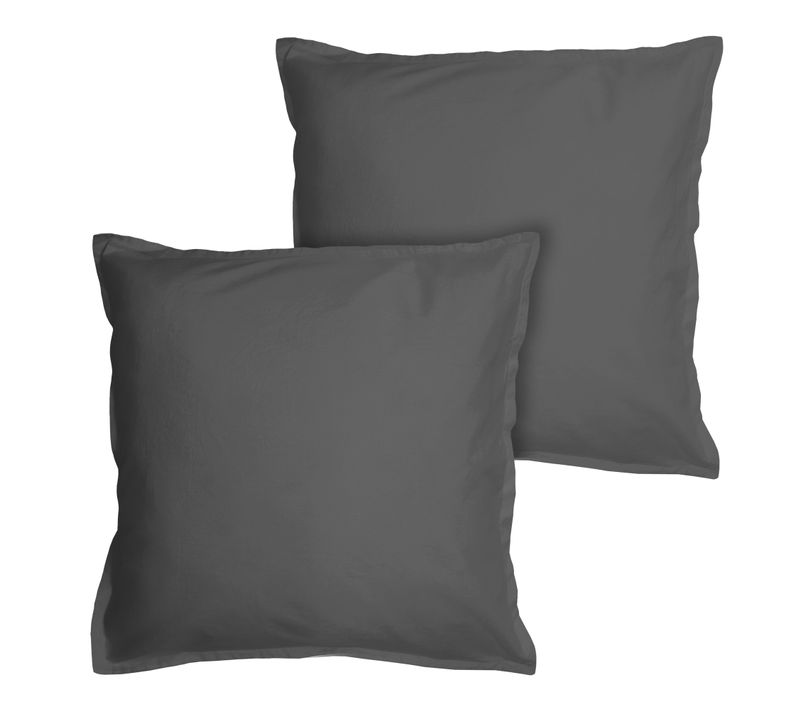 Set De 2 Taies D'oreiller Unies à Volant, Coton Lavé Anthracite 65x65cm