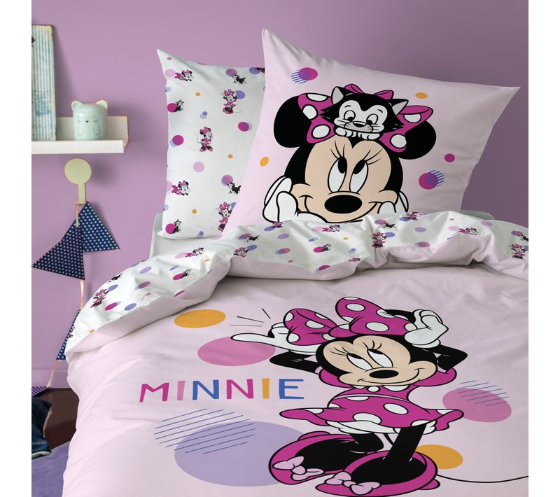 Parure De Lit Imprimée 100% Coton, Disney Home Minnie Jolie Rose 140x200+63x63cm