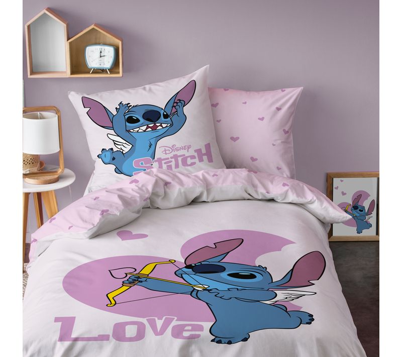Parure De Lit Imprimée 100% Coton, Disney Home Stitch Cupidon Rose 140x200+63x63cm