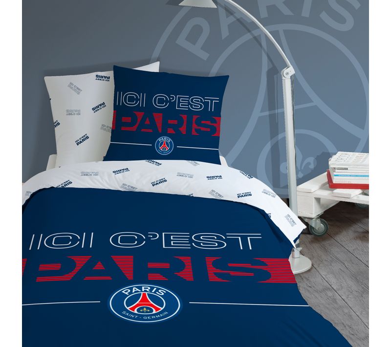 Parure De Lit Imprimée 100% Coton, Psg Devise Bleu 140x200+63x63cm