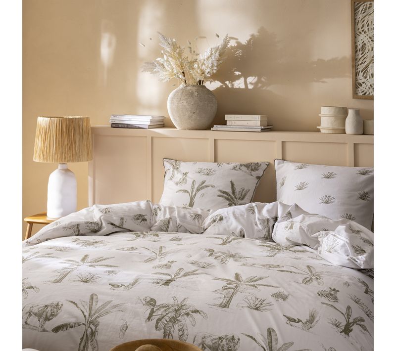 Parure De Lit Imprimée 100% Coton, Safari Blanc Kaki 240x220+2x65x65cm