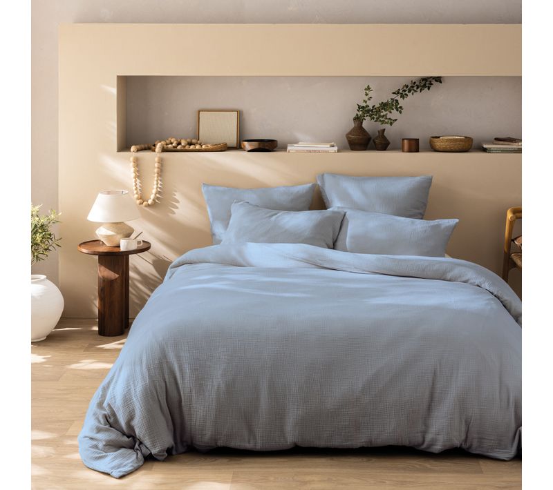 Housse De Couette Unie En Coton, Gaze De Coton Bleu Horizon 140x200cm