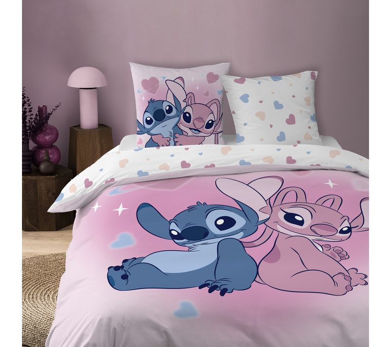 Parure De Lit Imprimée 100% Coton, Disney Home Stitch Bisous Rose 240x220+2x63x63cm
