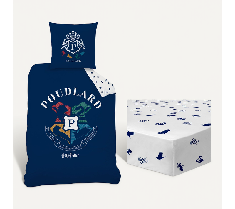 Parure De Lit Imprimée + Drap Housse 100% Coton, Harry Potter Blason Bleu 140x200+90x190/200+63x63cm