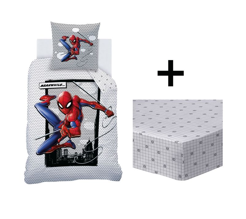 Parure De Lit Imprimée + Drap Housse 100% Coton, Spiderman Hero Bleu 140x200+90x190/200+63x63cm