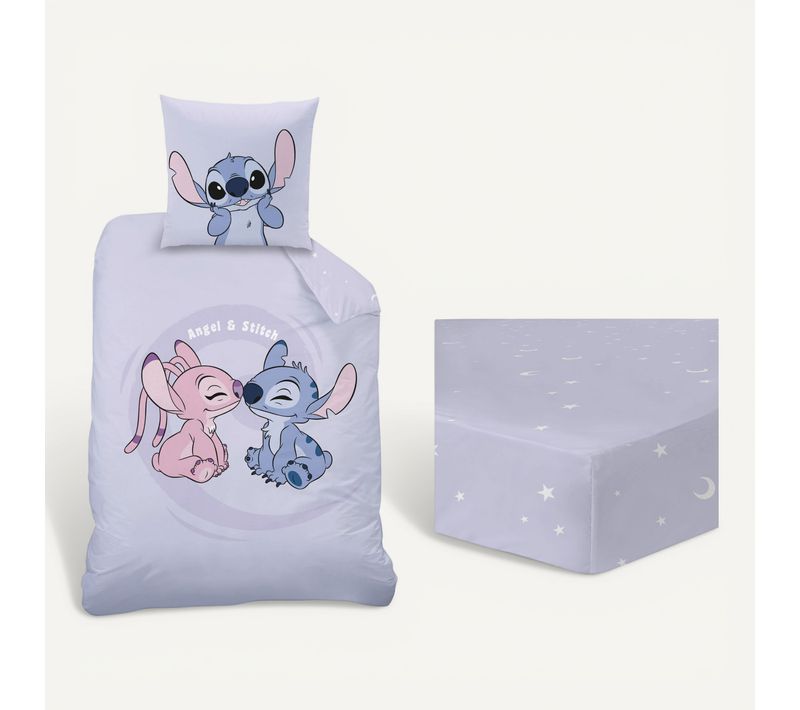 Parure De Lit + Drap Housse 100% Coton, Disney Home Stitch Happy Violet 140x200+90x190/200+63x63cm