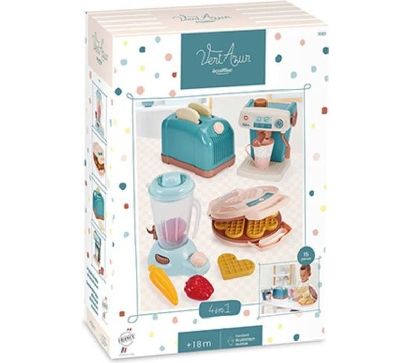 Set Petit-déjeuner 4-en-1 Jouet : Grille-pain, Gaufrier, Mixeur, Percolateur