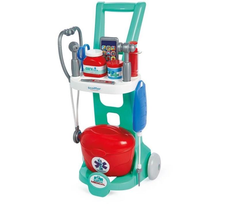Chariot Médical Compact à Roulettes - Jeu De Docteur Dès 18 Mois, Mallette Incluse