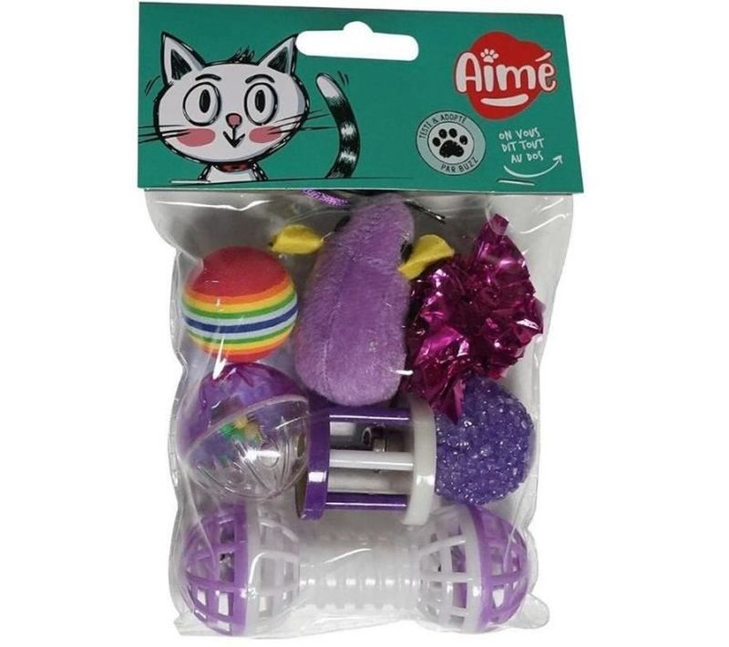 Lot De 7 Jouets Mixtes Pour Chat — Balles, Hochet Et Corde 35 Cm