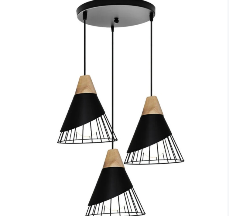 Suspension Industrielle 3 Lumières, Disque Fer, Lustre Bois E27, Noir, Plafonnier Salle à Manger.