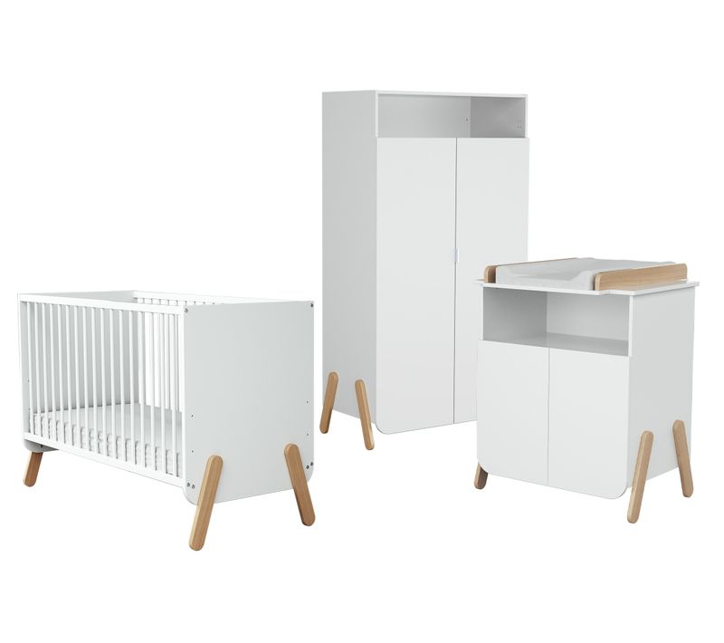 Chambre Bébé Lit, Meuble à Langer Et Armoire Blanc Et Hêtre Verni