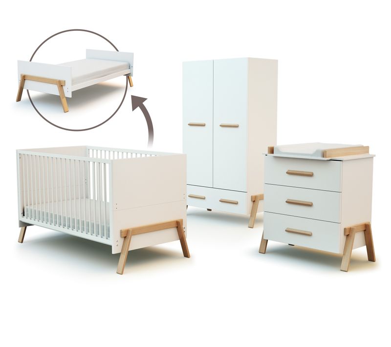 Chambre Bébé Lit, Commode à Langer 3 Tiroirs + Armoire En Bois