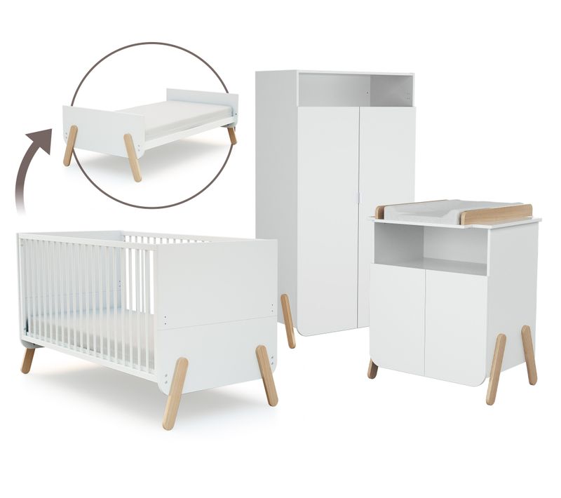 Chambre Bébé Lit, Commode à Langer Et Armoire Blanc Et Hêtre Verni