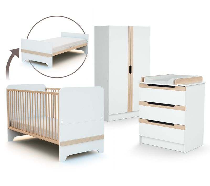 Chambre Bébé Lit, Commode à Langer Et Armoire Blanc Et Hêtre Verni