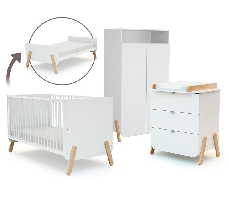 Lit Bébé évolutif, Commode à Langer Et Armoire Blanc Hêtre Verni