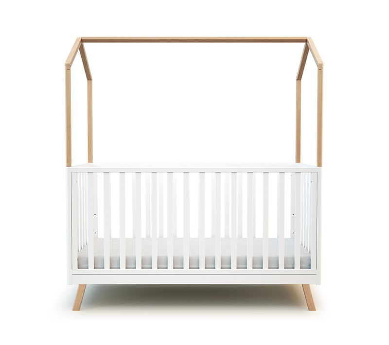 Lit Cabane Bébé Évolutif En Bois Confort Blanc Et Hêtre Verni 70 X 140 Cm