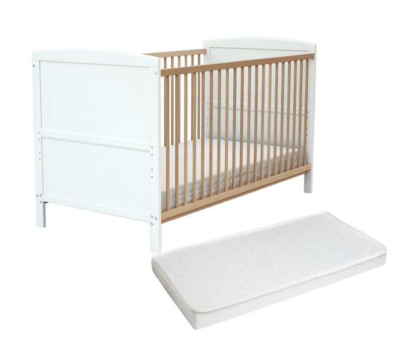Lit Bébé évolutif En Bois Avec Matelas En Bois Luna Blanc Et Hêtre Verni