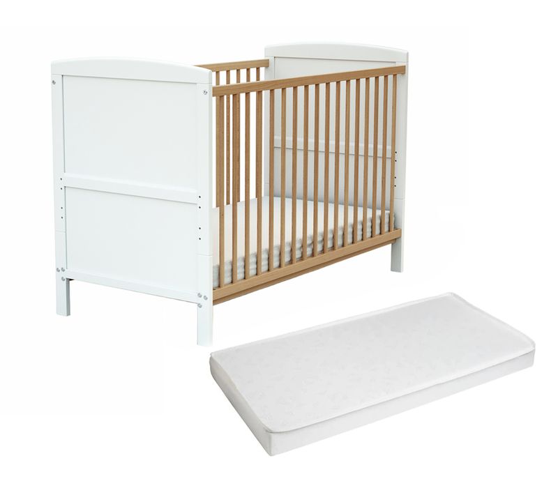 Lit Bébé évolutif En Bois Avec Matelas En Bois Luna Blanc Et Hêtre Verni