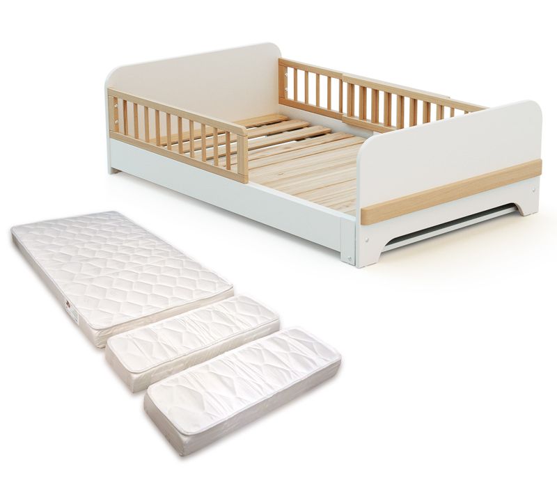 Lit Au Sol Enfant Extensible En Bois 80x140-165-190 Carrousel Avec Matelas - Blanc