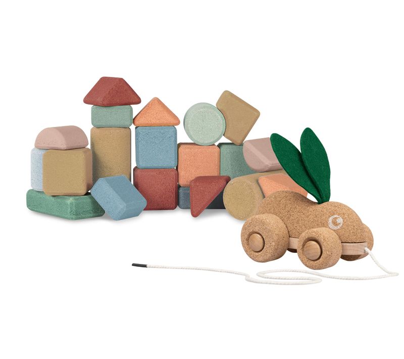 Set 1 Coffret De 20 Blocs De Construction Avec 1 Lapin à Tirer En Liège Pour Petits - Dès 18 Mois