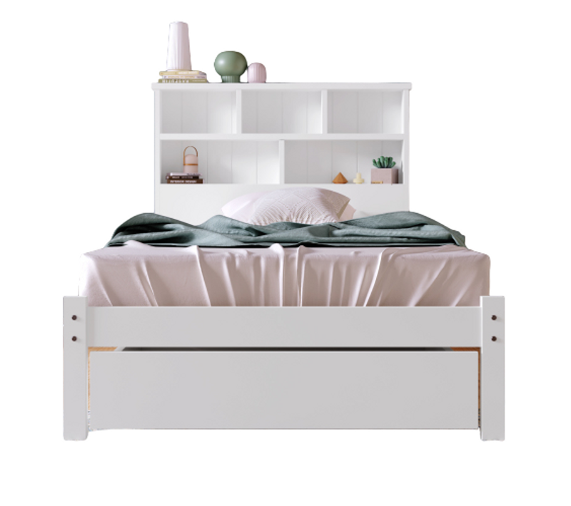 Lit Enfant Simple En Bois Massif 90x200 Avec Tiroirs, Bibliothèque Et Sommier à Lattes, Blanc