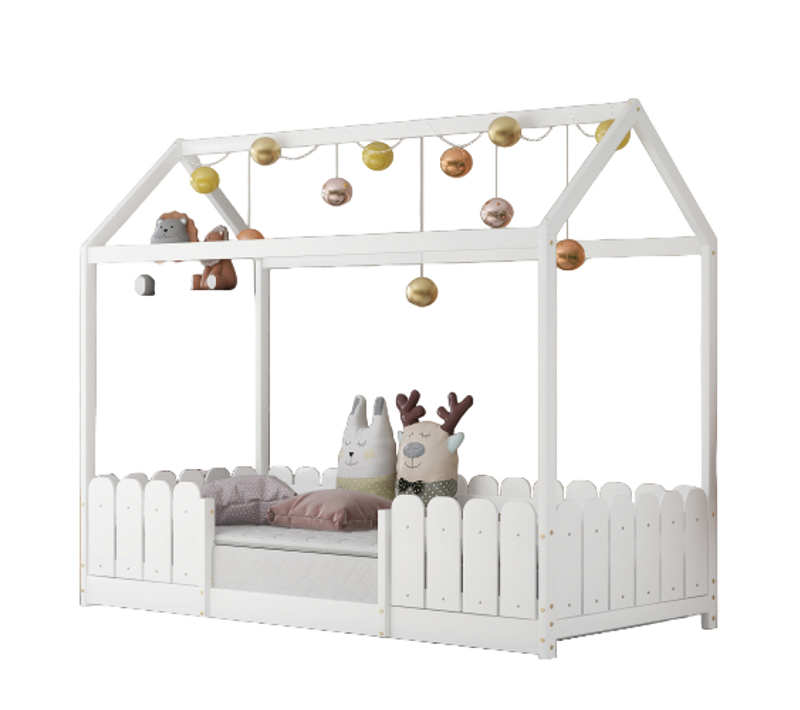 Lit Enfant Cabane 90x200 En Bois Polyvalent Avec Protection Antichute Et Sommier à Lattes, Blanc