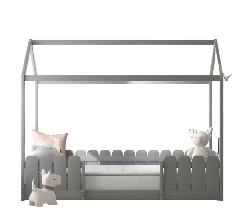 Lit D'enfant Cabane 90x200cm En Bois Avec Protection Antichute Et Sommier à Lattes, Gris