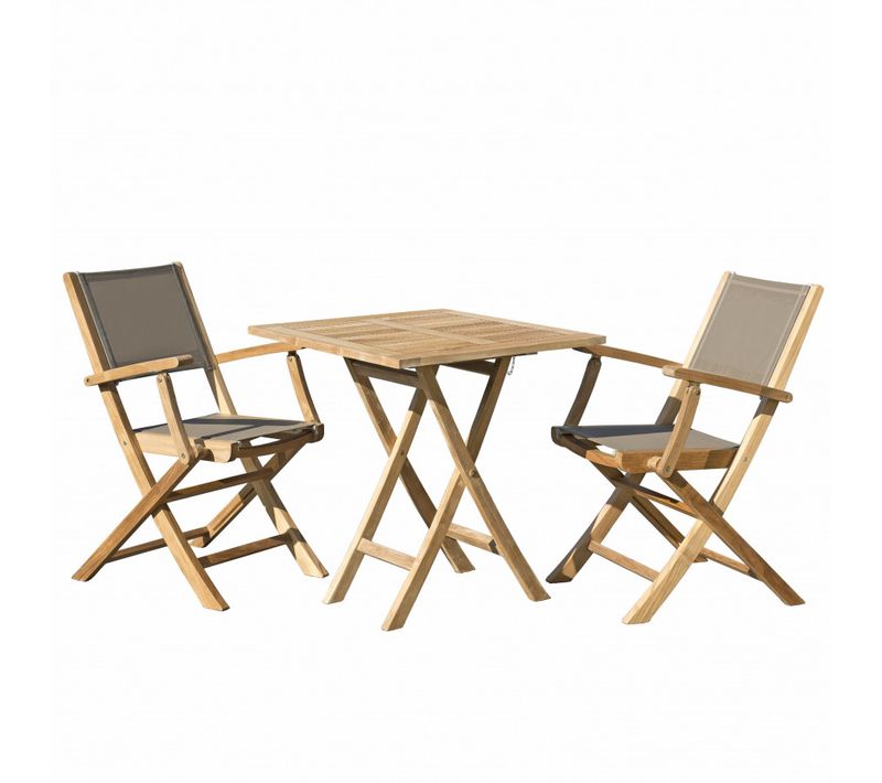 Harris - Salon De Jardin En Bois Teck 2 Pers. - 1 Table Carrée Pliante 70 Cm Et 2 Fauteuils Pliants