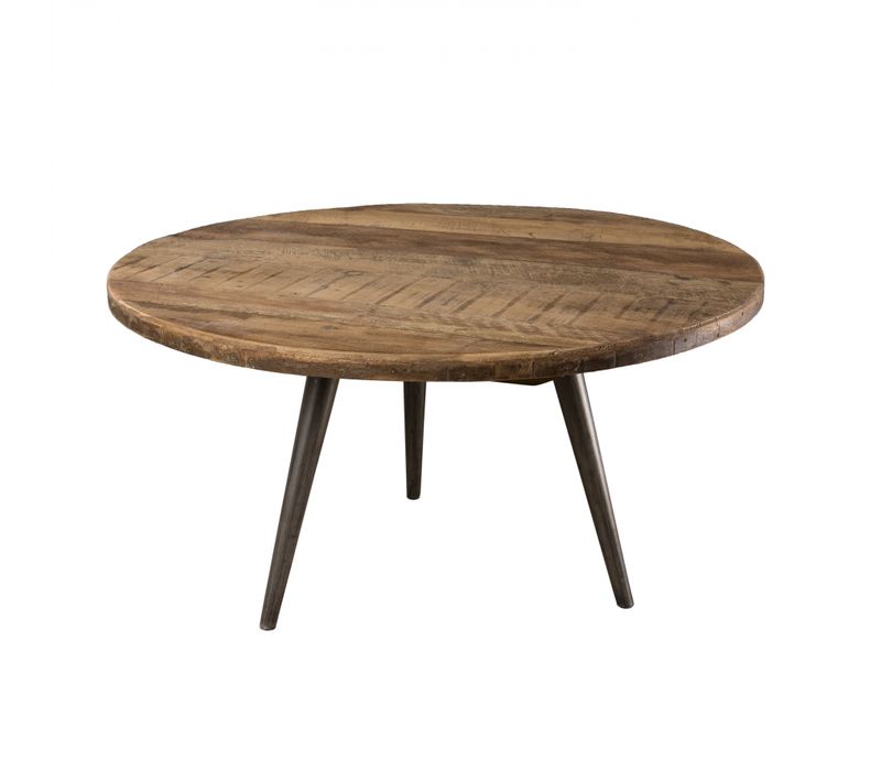 Alida - Table Basse D'appoint Marron Ronde 55x55cm Teck Recyclé Pieds Métal