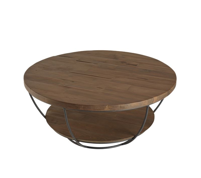 Sixtine - Table Basse Ronde 80x80cm Plateau Bois Teck Recyclé Noir