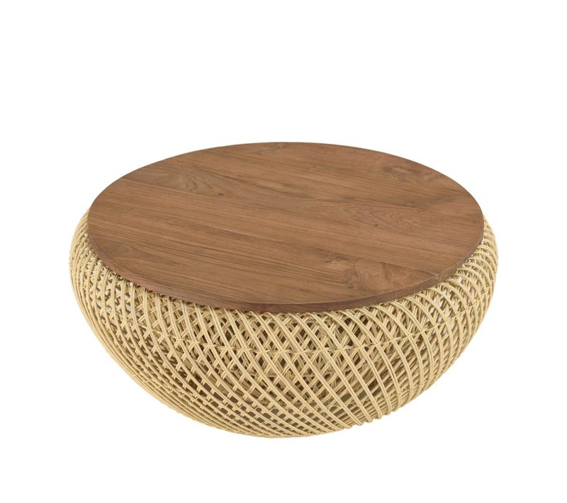 Sixtine - Table Basse Ronde Diam68 Plateau Bois Teck Recyclé Rotin Beige