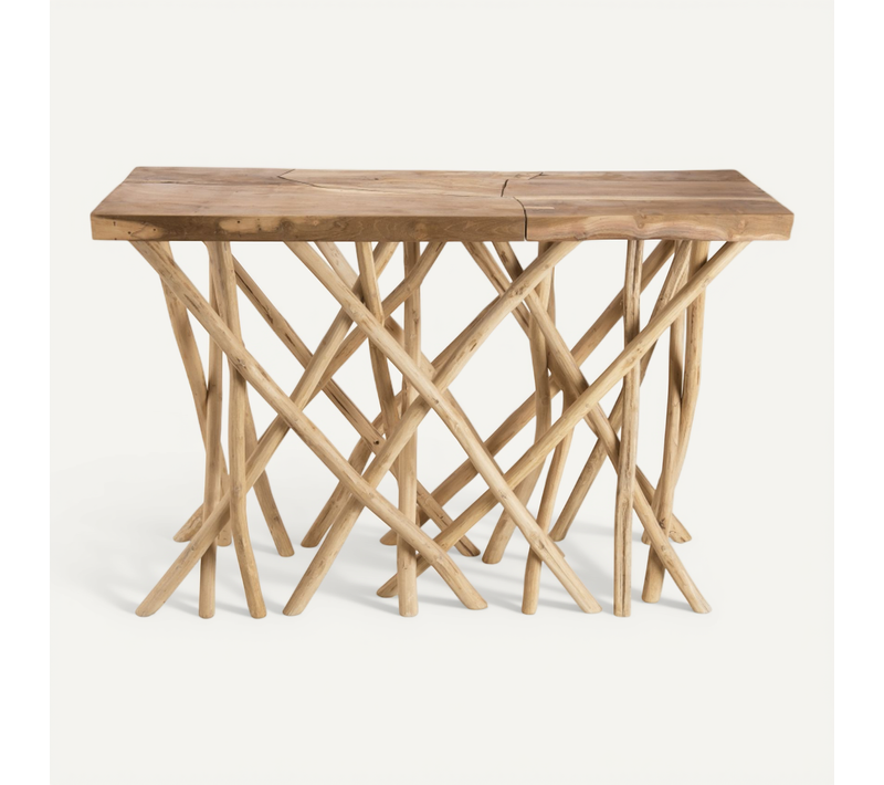 Clara - Console Plateau Rectangulaire Bois De Teck - Pieds Bois Flotté