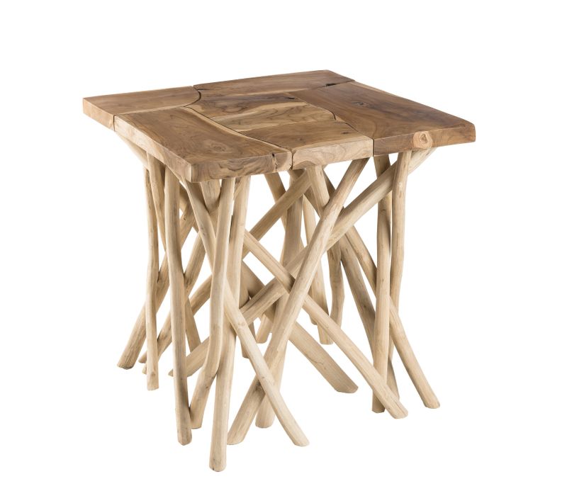 Laly - Table D'appoint Nature - Plateau Carré 55x55cm Teck Pieds Bois Flotté