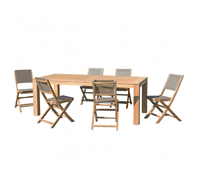 Halice - Salon De Jardin En Bois Teck 6/8 Pers -1 Table Rectangulaire 220*100 Cm Et 6 Chaises Texti