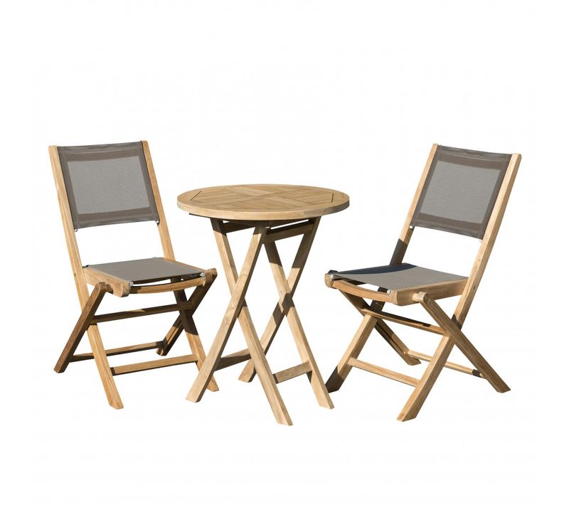 Harris - Salon De Jardin En Bois Teck 2 Pers - 1 Table Ronde Pliante 60 Cm Et 2 Chaises Textilène C