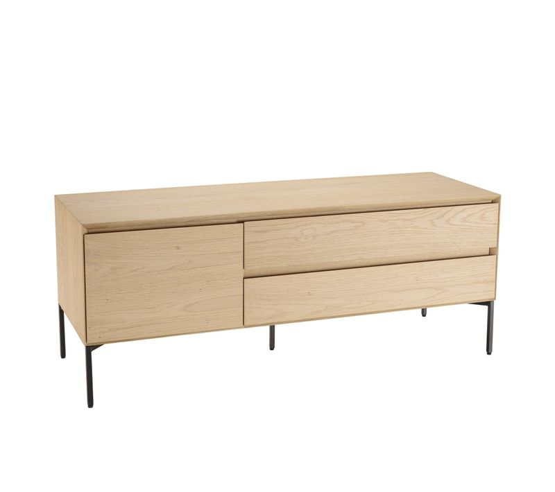 Maxendre - Meuble TV Bois Naturel 1 Porte 2 Tiroirs Pieds Métal Noir