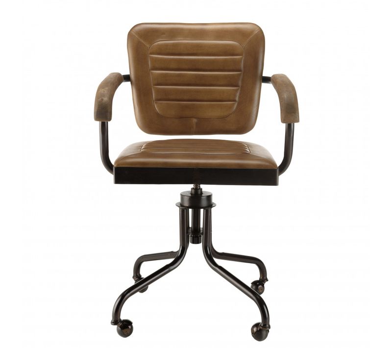 Marcel - Fauteuil Roulettes Assise Cuir Accoudoirs En Bois De Manguier