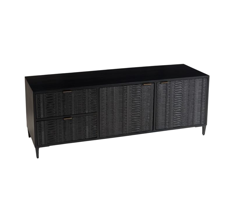 Gloria - Meuble TV Bois De Manguier 2 Portes 2 Tiroirs Sculptés Noir