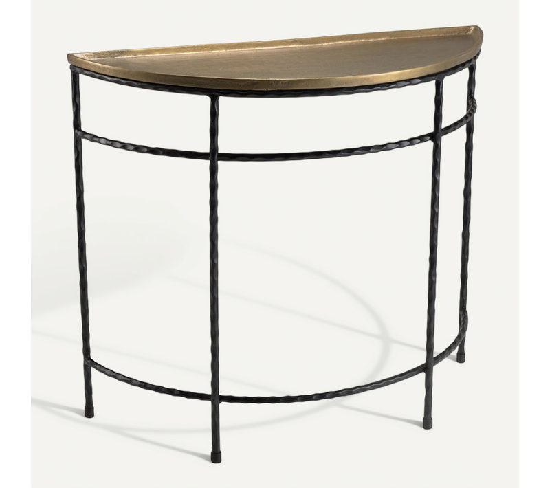 Johan - Console Demi-lune 90x36cm Alu Doré Pieds Métal Noirs Torsadés