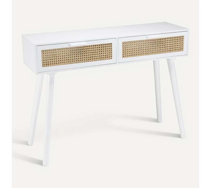 Sandro - Console Blanche 2 Tiroirs Cannage Naturel Et Bois Blanc