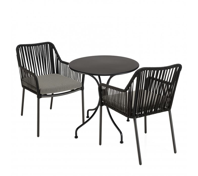 Malo - Salon De Jardin 2 Pers. - Table Ronde 70x70cm Et 2 Fauteuils Gris Et Noirs En Cordage