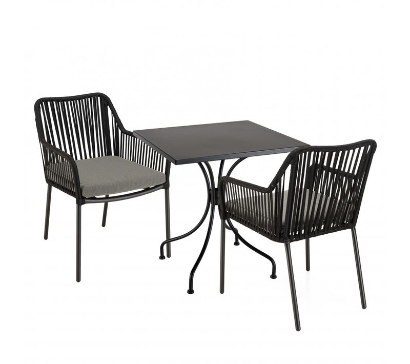 Malo - Salon De Jardin 2 Pers. - Table Carrée 70x70cm Et 2 Fauteuils Gris Et Noirs En Cordage