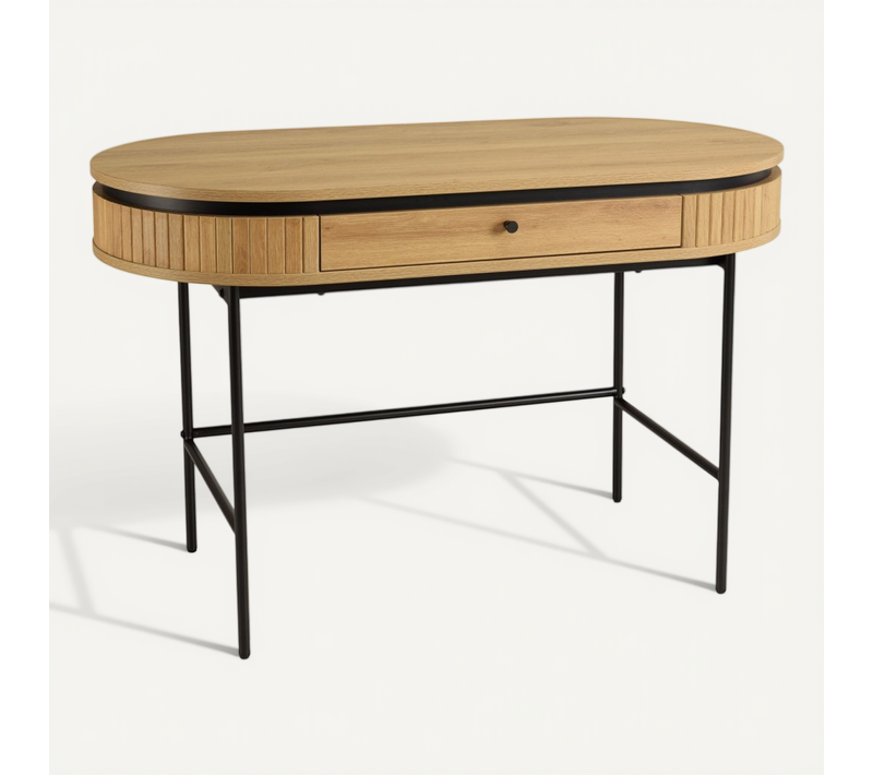 Ethan - Bureau Arrondi Bois Couleur Naturelle 1 Tiroir Pieds Noir