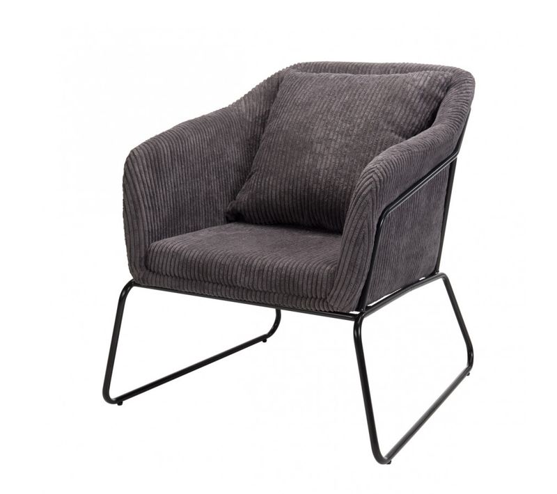 Albane - Fauteuil Tissu Velours Cotelé Gris Anthracite Pieds Évasés Métal