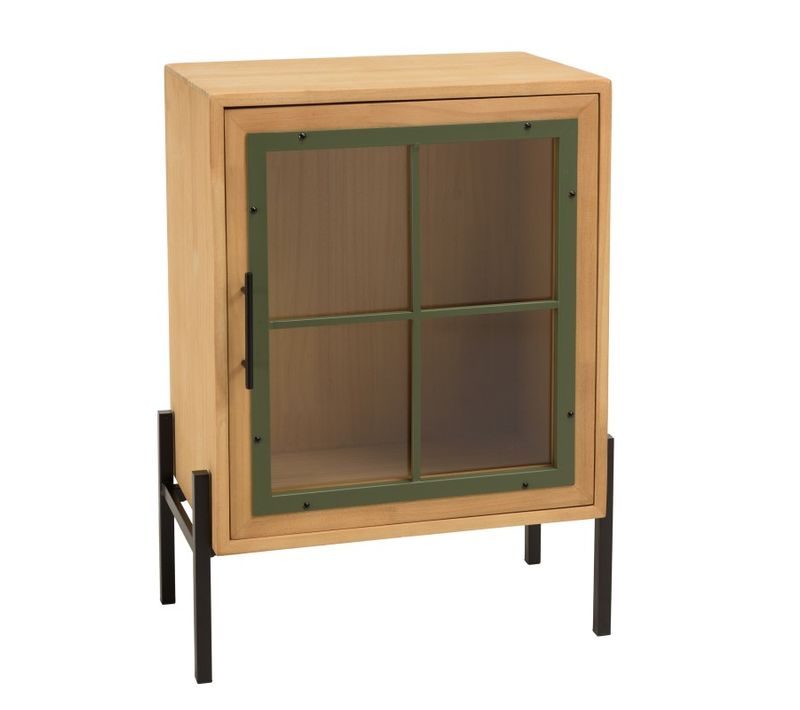 Helena - Buffet 1 Porte Vitrée Encadrement Pin Vert Et Métal Noir