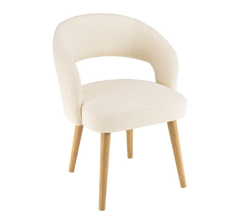 Pierre - Chaise En Tissu Bouclette Écru, Dossier Ouvert Pieds En Bois