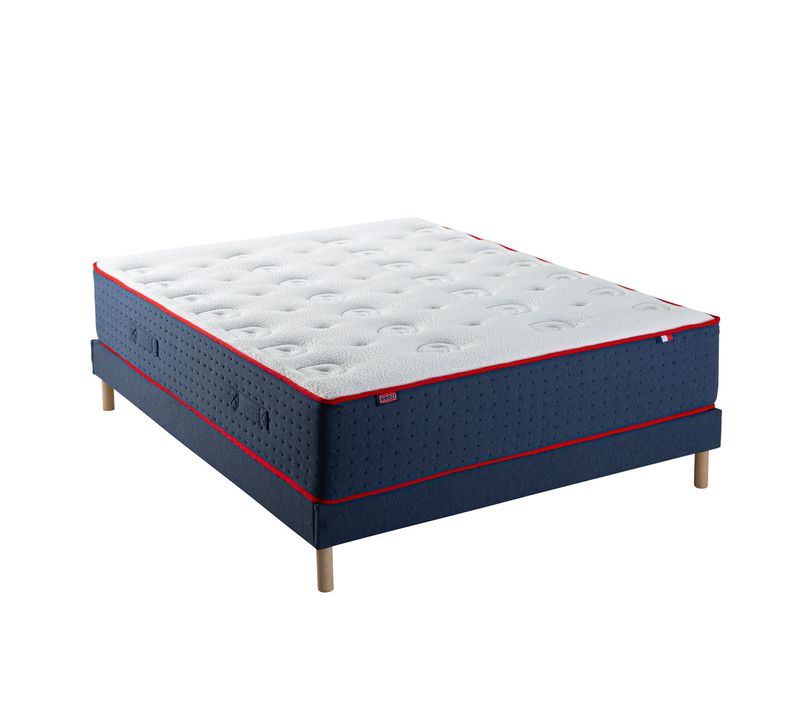 Ensemble - Matelas ressort Ferme + Sommier Le Veritable 180 X 200 Cm Blanc, Bleu Foncé