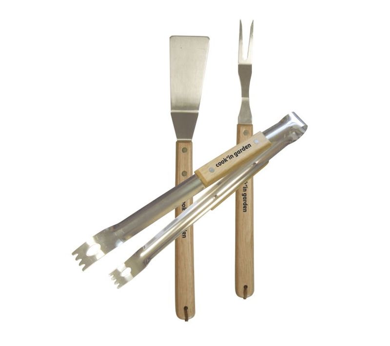 Kit 3 Accessoires Barbecue : Pince + Fourchette + Spatule Inox Et Bois Cook'in Garden