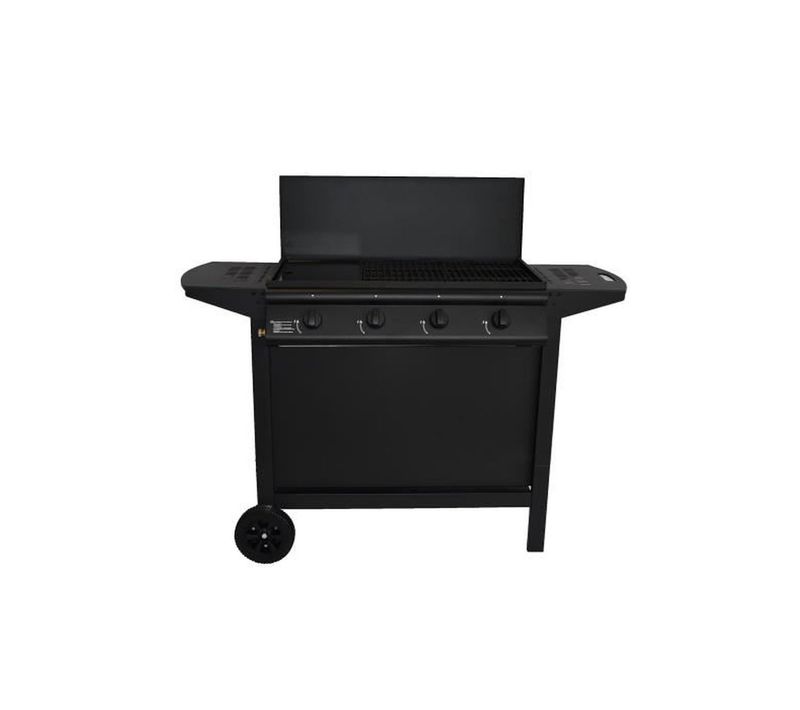 Barbecue à Gaz 4 Brûleurs Noir Avec Plancha Et Capot — 10 Kw Sur Chariot