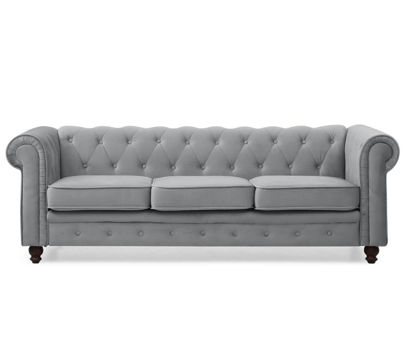 Grand Canapé 3 Places Chesterfield Velours Argent